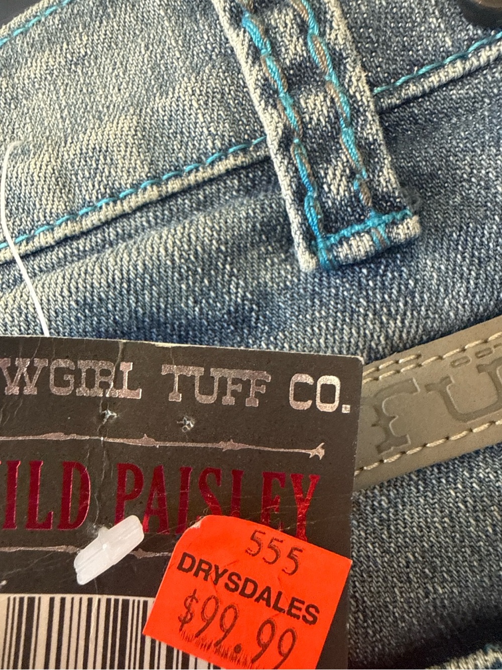 Cowgirl Tuff Blue Denim Wide-Leg Jeans with Orange Paisley Embroidery - Picture 2 of 4